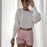 Pretty Crochet Knit Drop Shoulder Bishop Sleeve Crew Neck Sweater - White