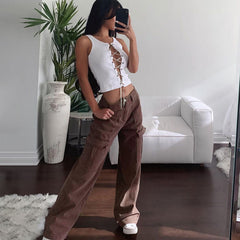 Retro '90s Flap Pocket Mid Waist Straight Leg Jeans - Coffee