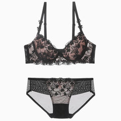Romantic Intricate Floral Embroidered Underwired Lace Bra Set - Black