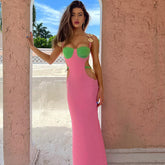 Contrast Color Shells Sleeveless Cutout Prom Maxi Dress - Pink