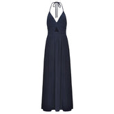 Split Low Back Twist Front V Neck Halter Vacation Maxi Dress - Navy
