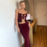 Tie Neck High Waist Contrast Layered Mesh Skirt Matching Set - Burgundy