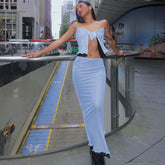 Tie Neck High Waist Contrast Layered Mesh Skirt Matching Set - Light Blue