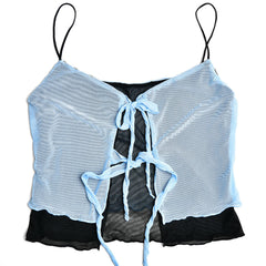 Tie Neck High Waist Contrast Layered Mesh Skirt Matching Set - Light Blue