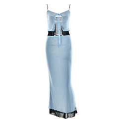 Tie Neck High Waist Contrast Layered Mesh Skirt Matching Set - Light Blue