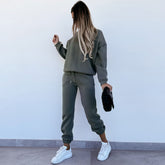 Round Neck Long Sleeve Sweatsuit Matching Set - Army Green