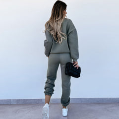Round Neck Long Sleeve Sweatsuit Matching Set - Army Green