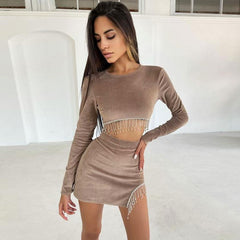 Sparkly Rhinestone Fringe Cut Out Velvet Crop Skirt Matching Set - Khaki