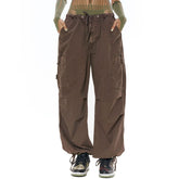 Street Style Drawstring Multi Pocket Wide Leg Baggy Cargo Pants - Brown