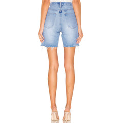 Street Style High Waist Frayed Bermuda Denim Shorts - Blue