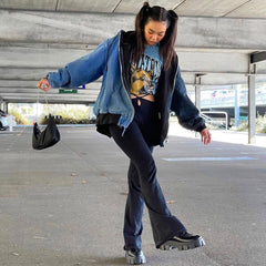 Street Style Solid Color Cut Out Wide Leg Skinny Flare Pants - Black