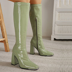Striking Square Toe Patent Leather Block Heel Knee High Boots - Olive Green