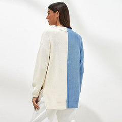 Stylish Contrast Color V Neck Drop Shoulder Long Sleeve Sweater - Blue