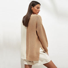 Stylish Contrast Color V Neck Drop Shoulder Long Sleeve Sweater - Khaki