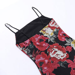 Vintage Flower Print Square Neck Bodycon Slip Mesh Mini Sundress - Black