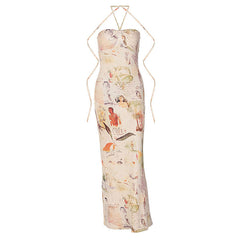 Vintage Print Halter Neck Fishtail Trim Sleeveless Maxi Dress - Apricot
