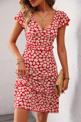 Floral Print V Neck Ruffle Sleeve Dress