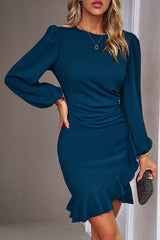Solid Puff Sleeve Ruched Ruffle Hem Bodycon Dress