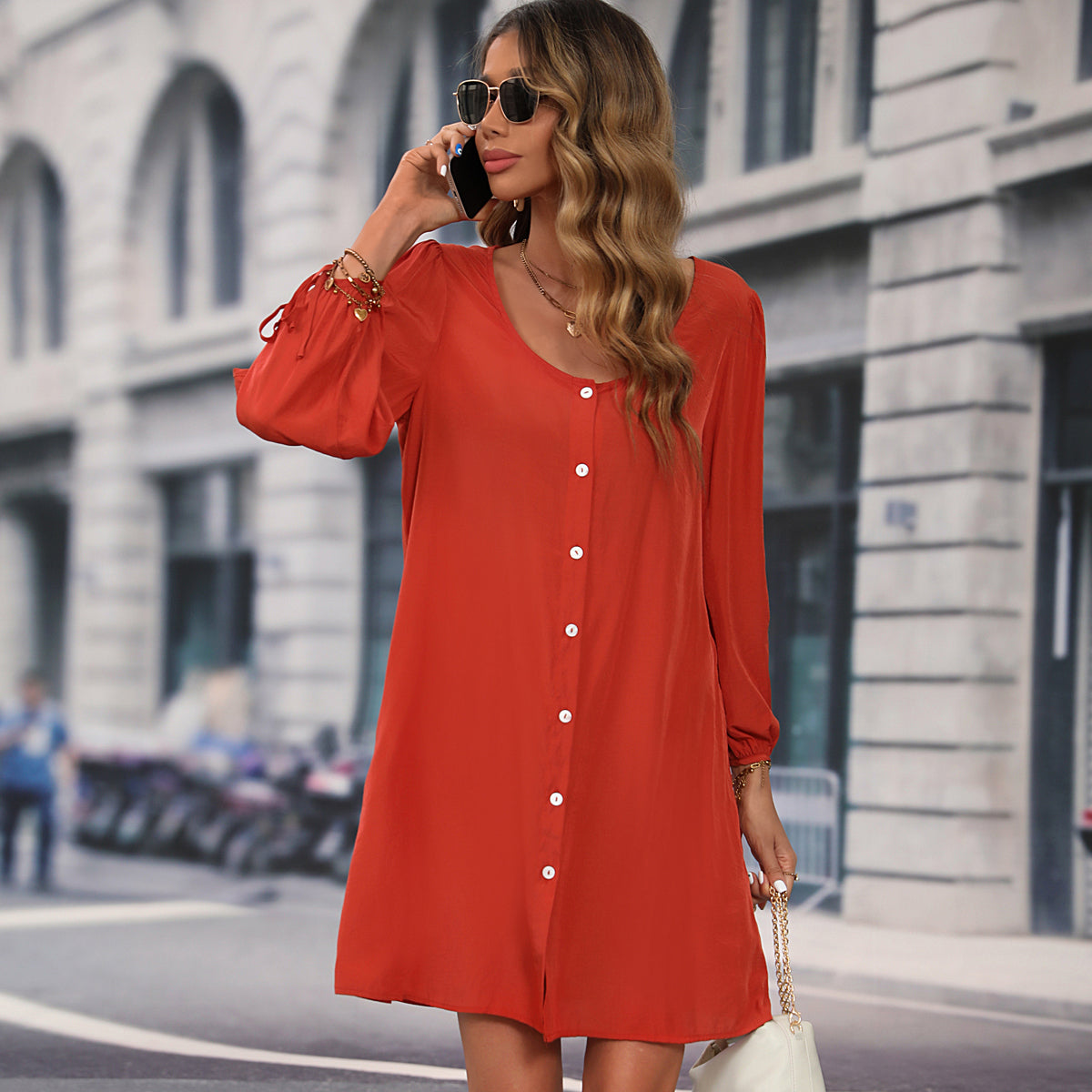 Long Sleeve Button Round Neck Solid Dress