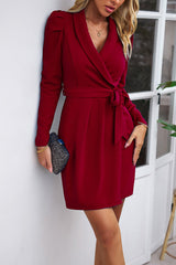 Solid Color V Neck Tie Waist Ruched Dress