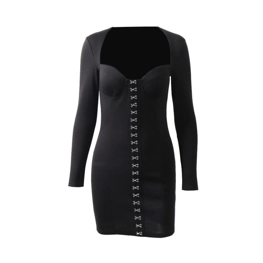 long-sleeved V-neck breast-wrapped metal button hip dress