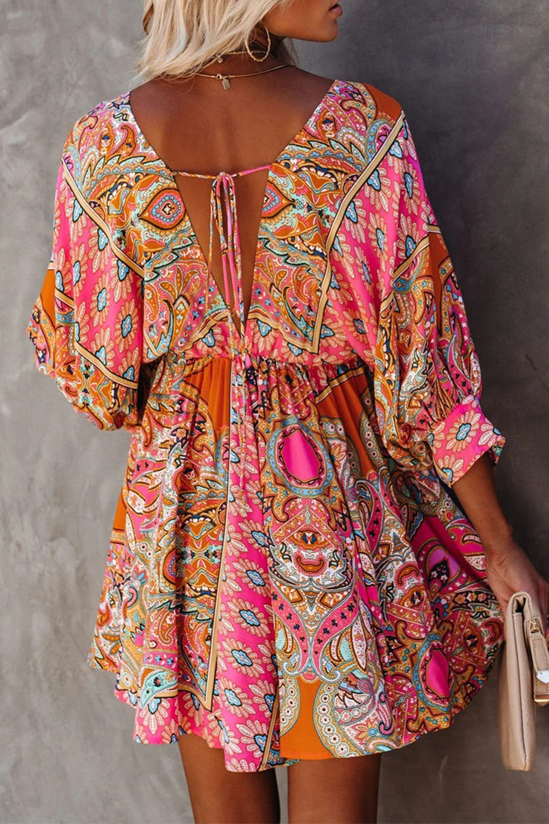 Fashion Elegant Print Frenulum Backless V Neck Dresses