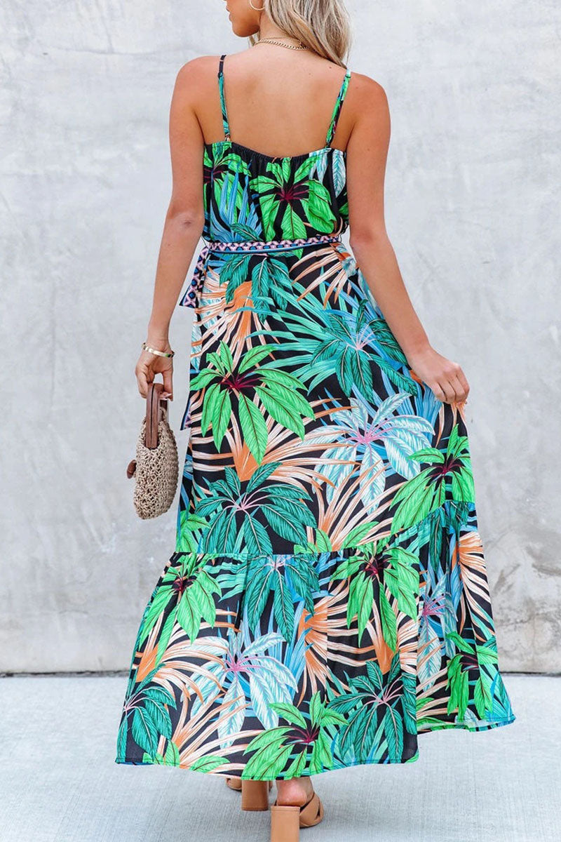 Fashion Bohemian Print Split Joint Spaghetti Strap A Line Dresses