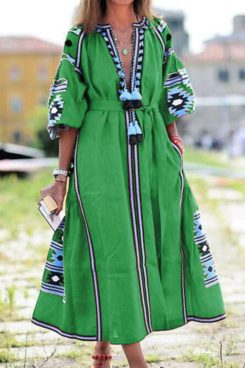 Fashion Casual Print Patchwork V Neck A Line Dresses(3 Colors)