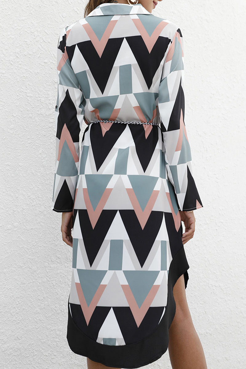 Fashion Street Print Turndown Collar Irregular Dresses(3 Colors)