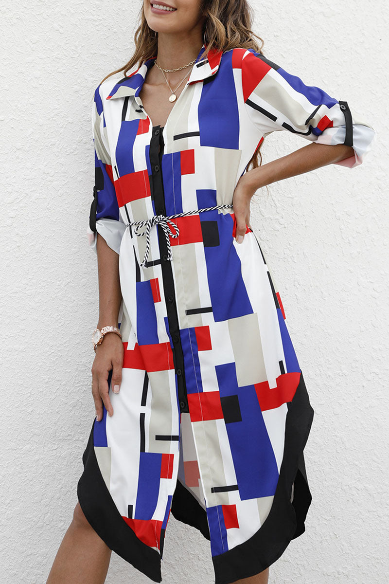 Fashion Street Print Turndown Collar Irregular Dresses(3 Colors)