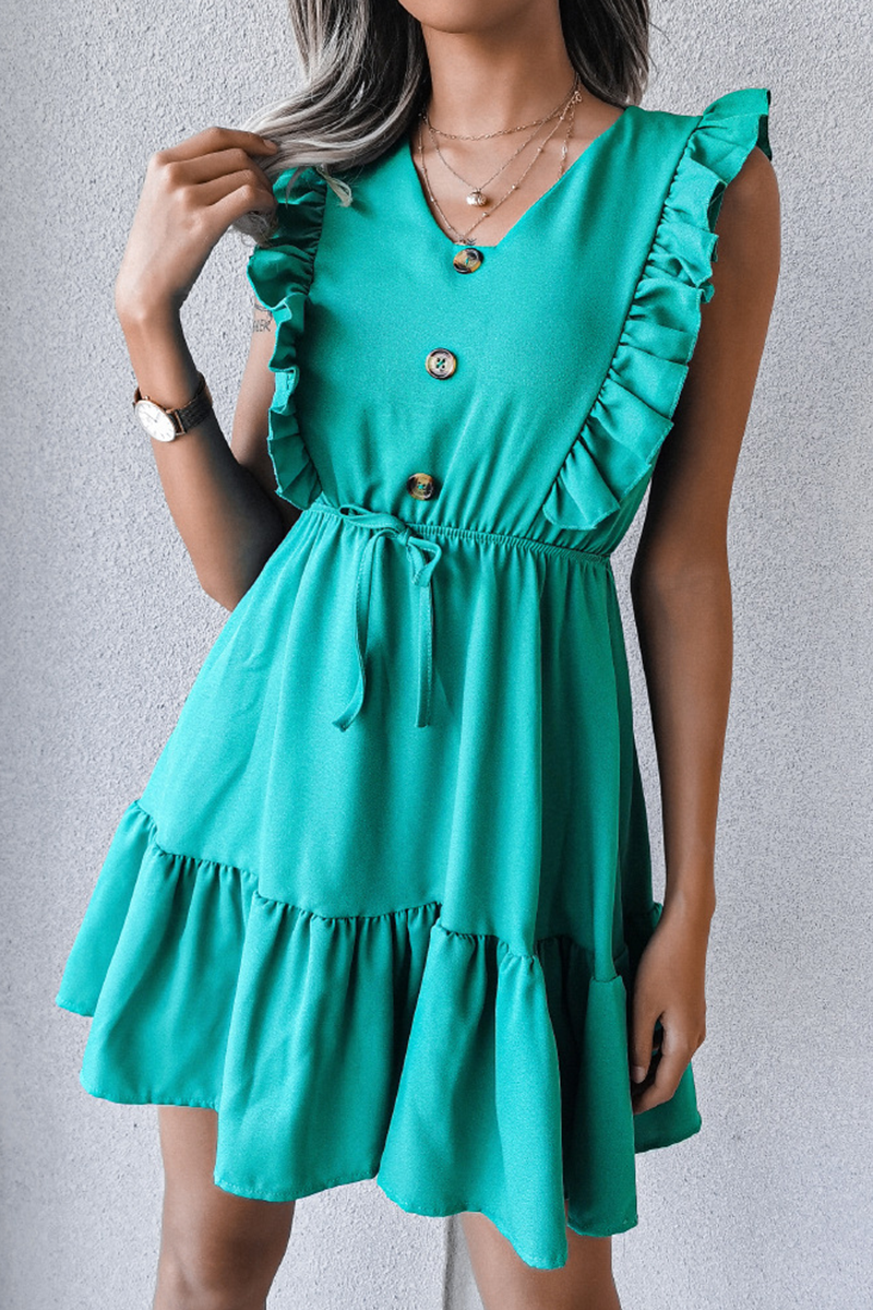 Casual Elegant Solid Buckle Flounce V Neck Waist Skirt Dresses