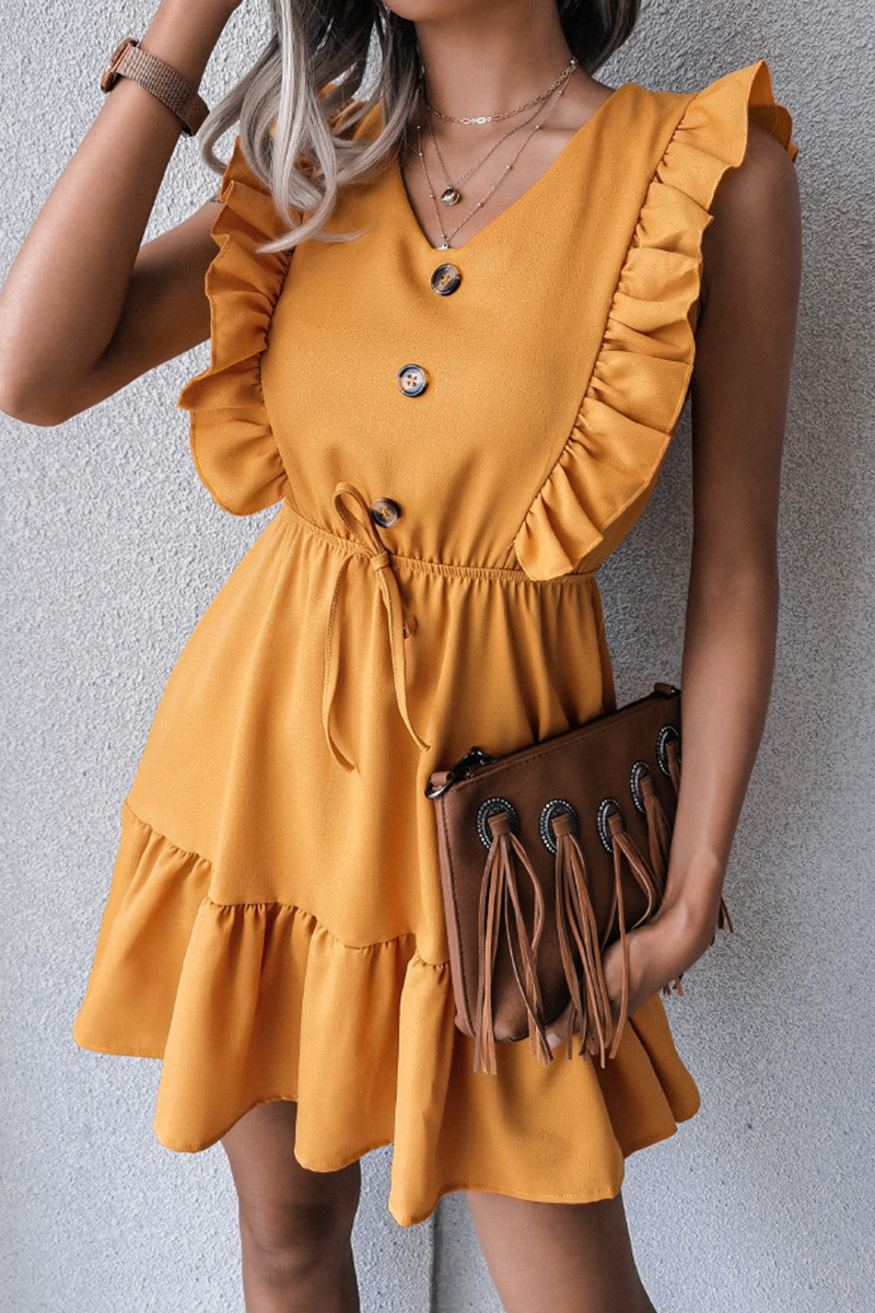 Casual Elegant Solid Buckle Flounce V Neck Waist Skirt Dresses