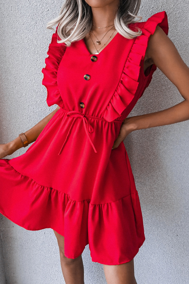 Casual Elegant Solid Buckle Flounce V Neck Waist Skirt Dresses