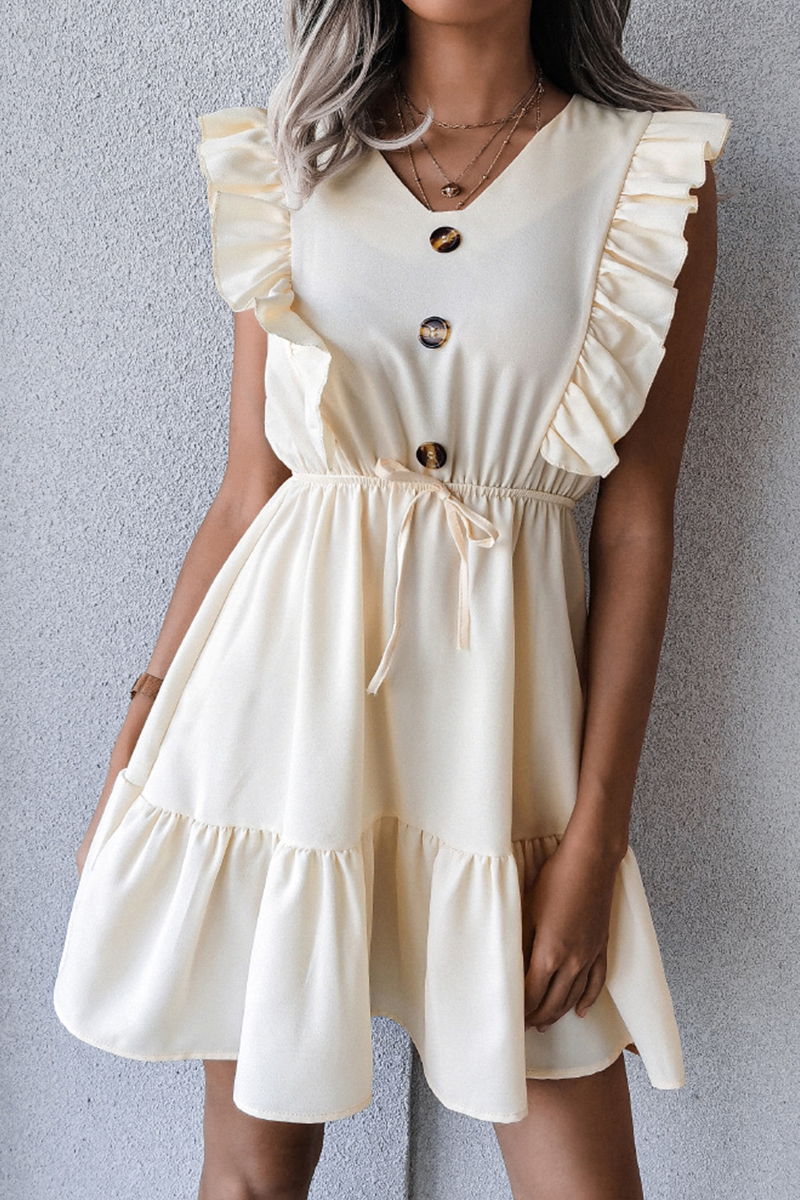 Casual Elegant Solid Buckle Flounce V Neck Waist Skirt Dresses