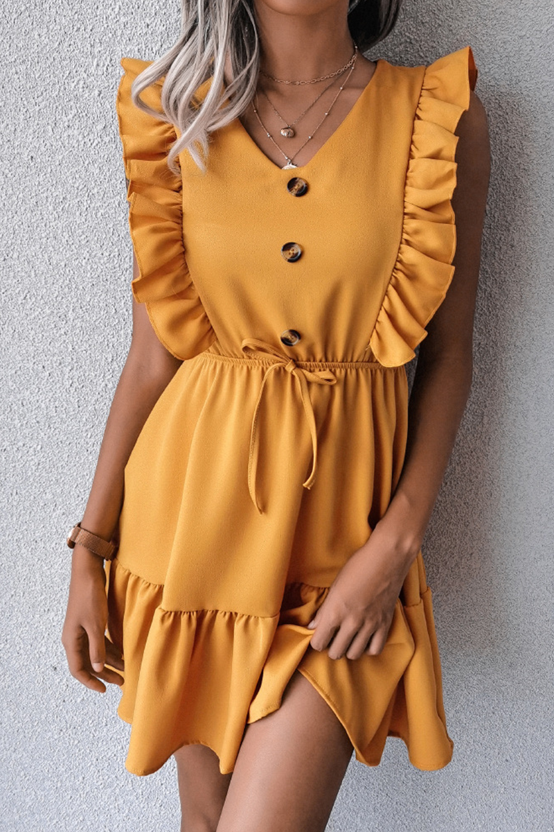 Casual Elegant Solid Buckle Flounce V Neck Waist Skirt Dresses