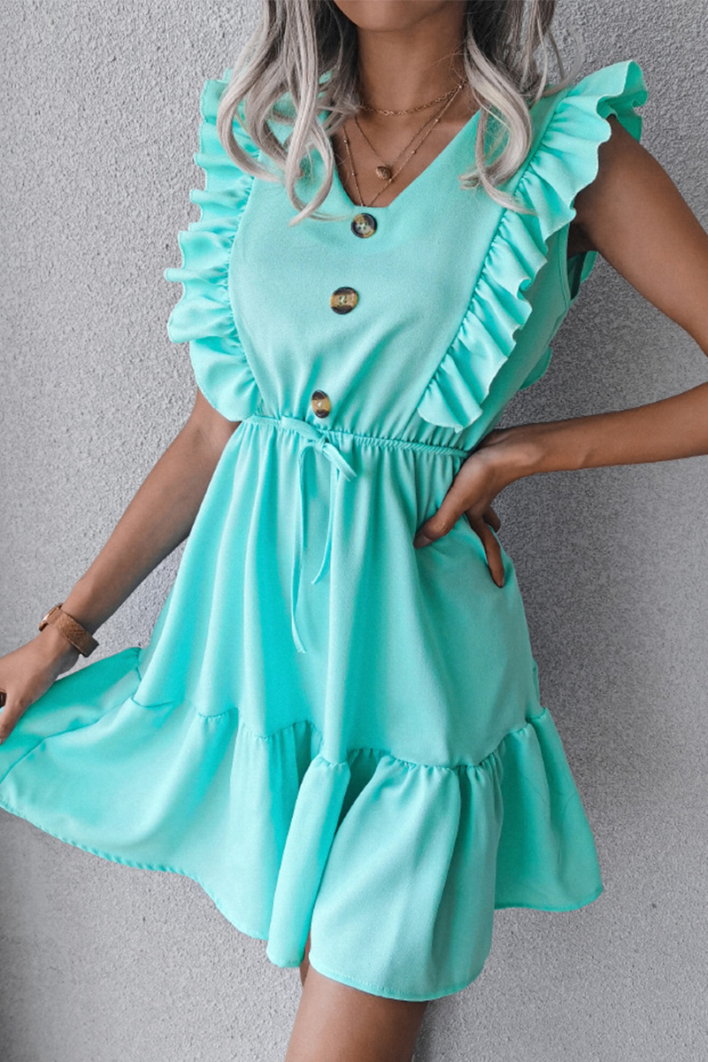 Casual Elegant Solid Buckle Flounce V Neck Waist Skirt Dresses