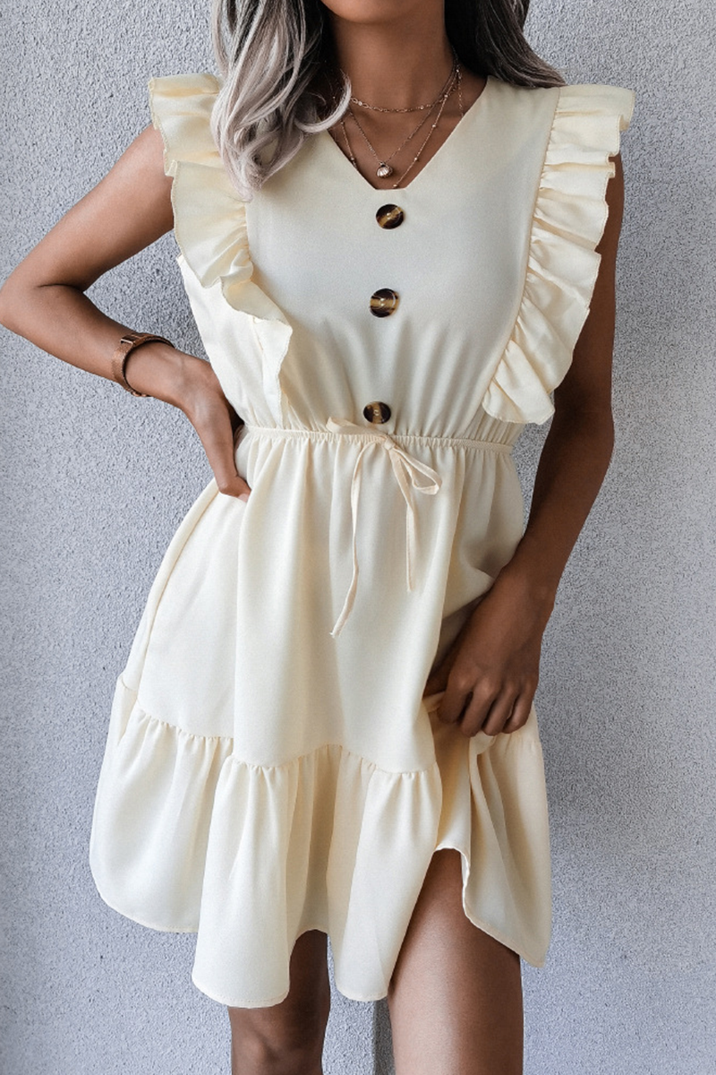Casual Elegant Solid Buckle Flounce V Neck Waist Skirt Dresses