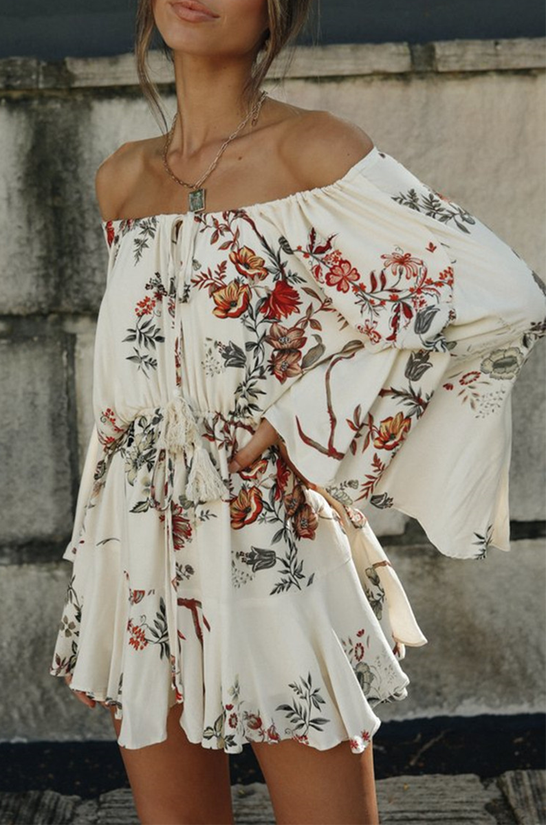 Fashion Casual Floral Split Joint Frenulum Off the Shoulder A Line Dresses