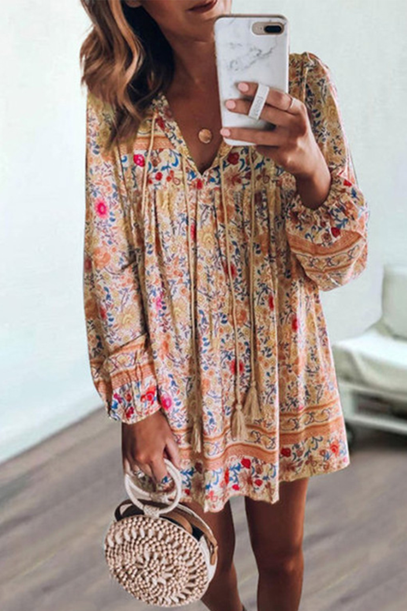 Casual Print Patchwork V Neck Cake Skirt Dresses(4 colors)
