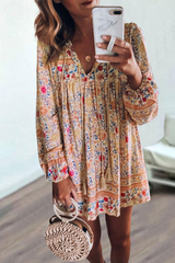 Casual Print Patchwork V Neck Cake Skirt Dresses(4 colors)