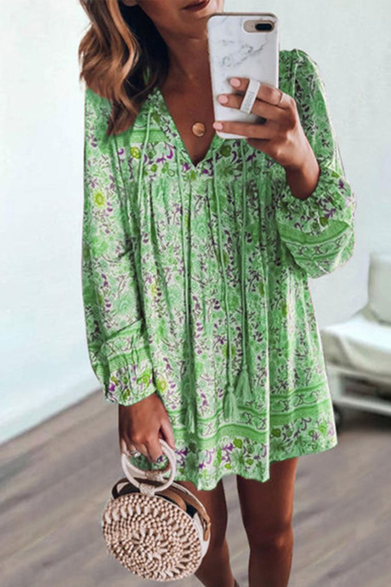 Casual Print Patchwork V Neck Cake Skirt Dresses(4 colors)