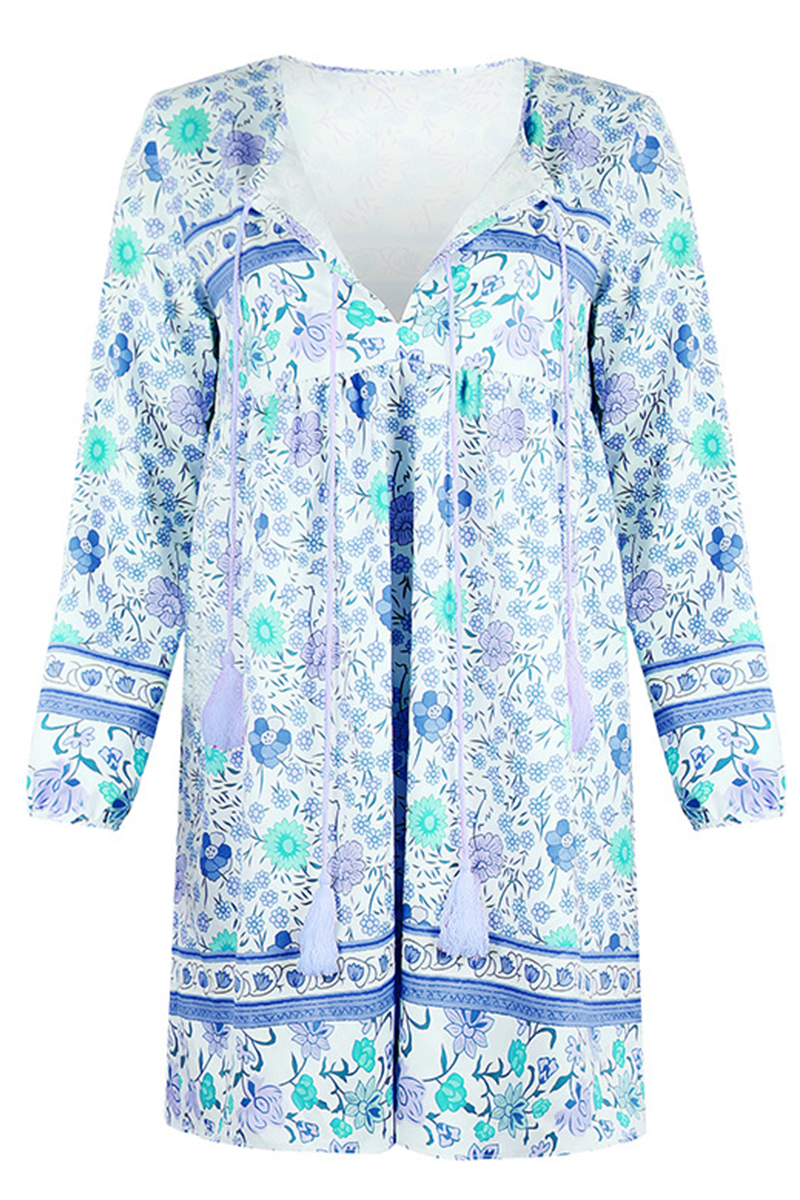 Casual Print Patchwork V Neck Cake Skirt Dresses(4 colors)