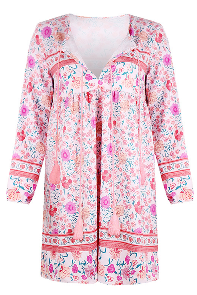Casual Print Patchwork V Neck Cake Skirt Dresses(4 colors)
