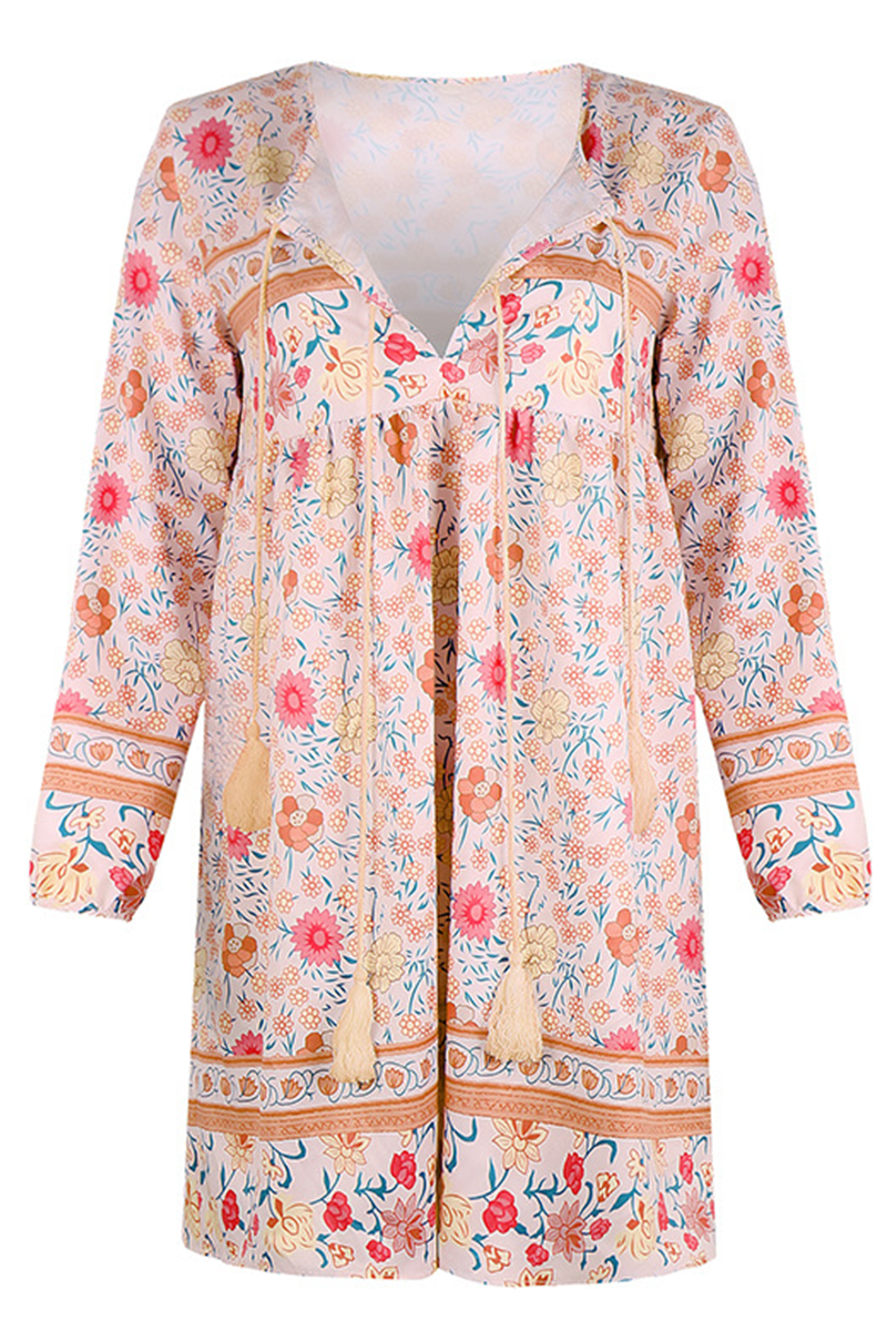 Casual Print Patchwork V Neck Cake Skirt Dresses(4 colors)