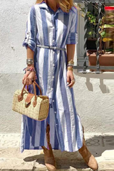Street Striped Patchwork Turndown Collar Shirt Dress Dresses