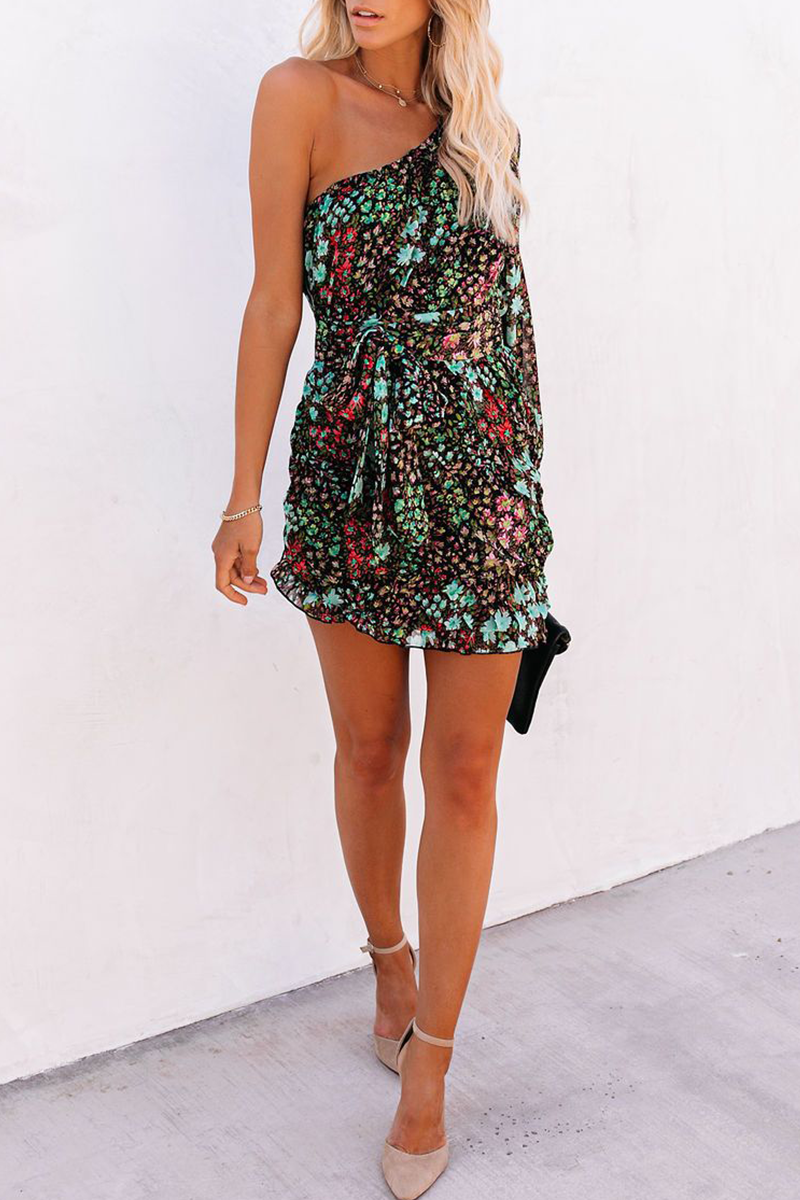 Casual Print Patchwork One Shoulder Waist Skirt Dresses