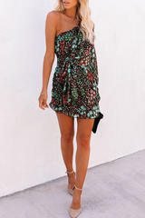 Casual Print Patchwork One Shoulder Waist Skirt Dresses