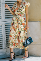 Casual Print Patchwork V Neck Cake Skirt Dresses