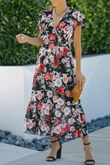 Casual Print Patchwork V Neck Cake Skirt Dresses