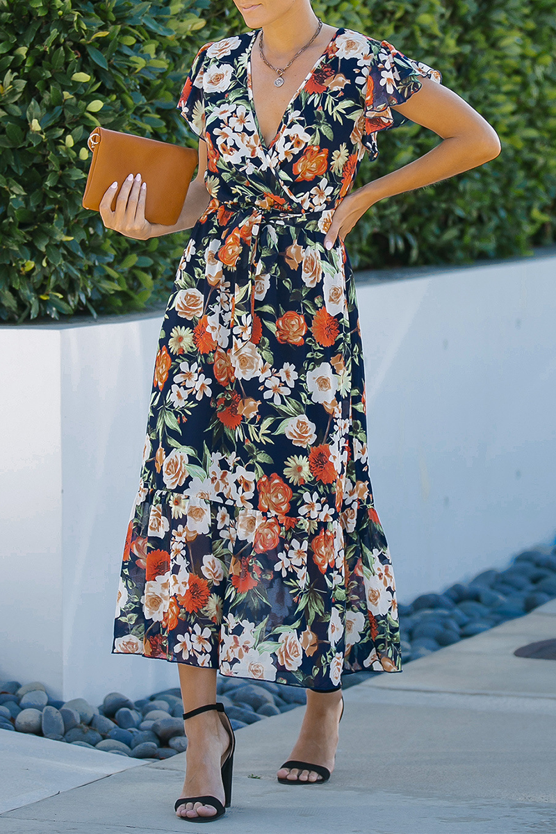 Casual Print Patchwork V Neck Cake Skirt Dresses